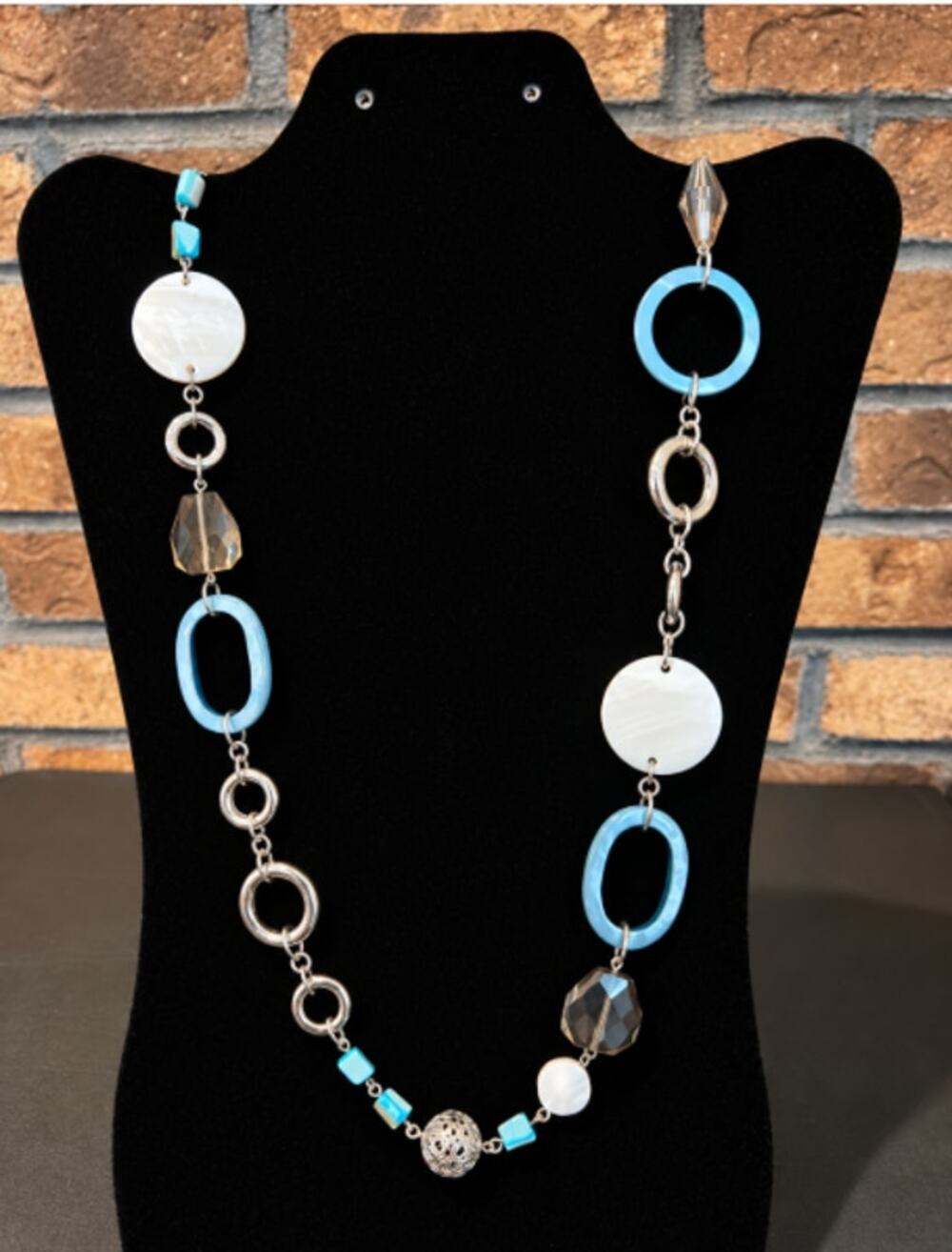 Lia Sophia Victoria Silver Tone Necklace White Discs Blue & Smoky Resin Beads